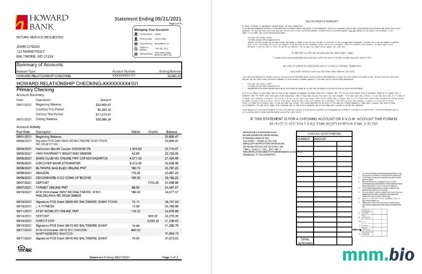 USA Maryland Howard business wyciąg bankowy szablon, Word i PDF format (4 strony)